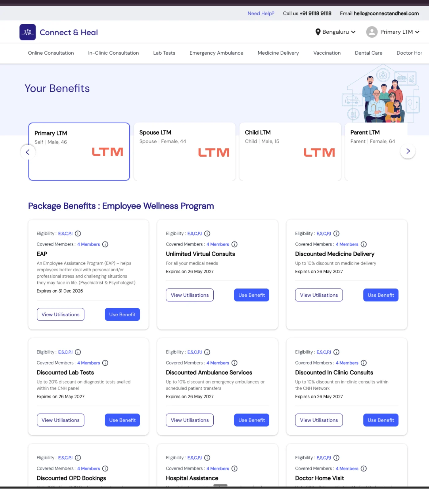 The legacy Connect and Heal benefits page — a flat grid of identical cards